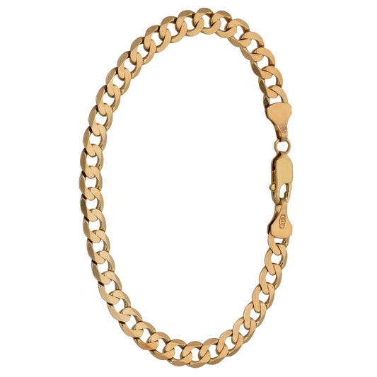 9ct gold curb chain bracelet with box clasp and oval link design.