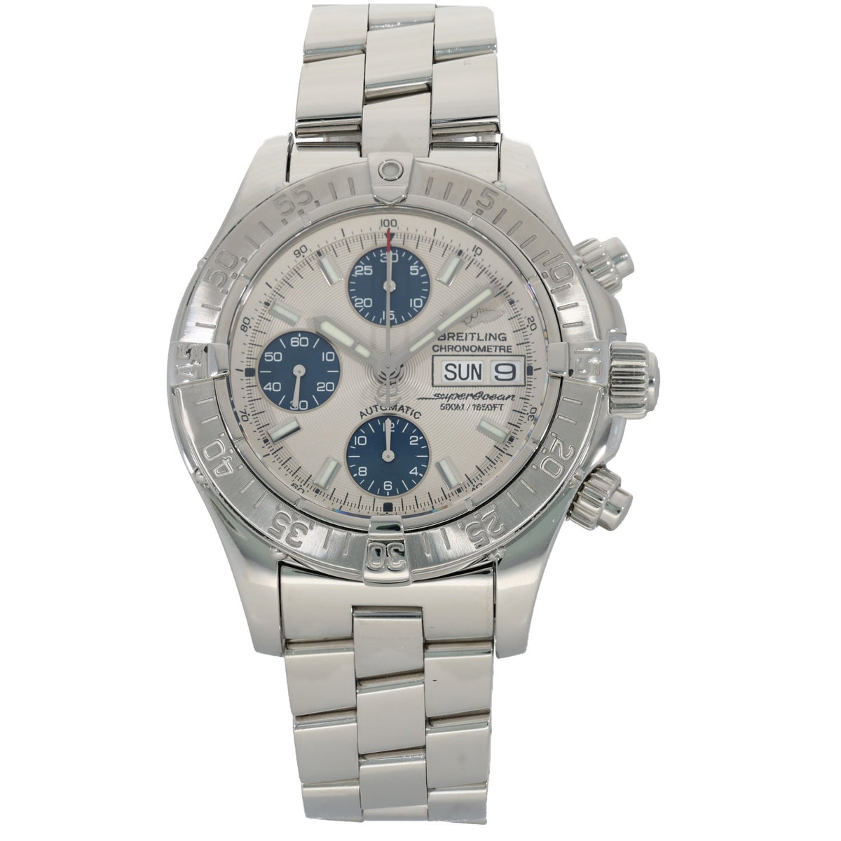 Breitling Superocean II A13340, cream dial with blue sub dials in a stainless steel case, front on image