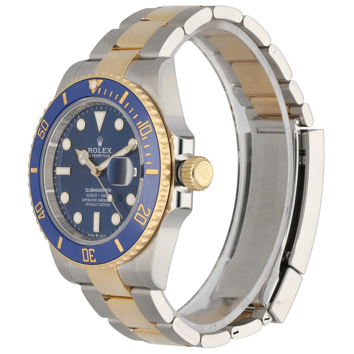 Rolex Submariner 126613 bi-colour watch side view, blue dial and gold bezel accents