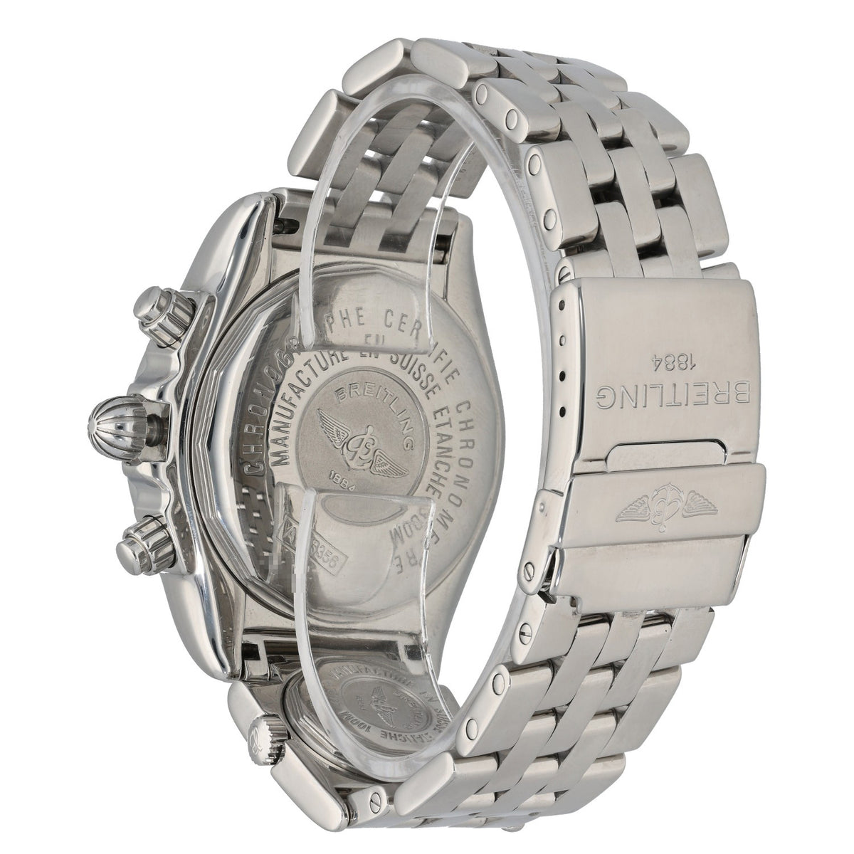 Breitling Chronomat Evolution A13356  Stainless steel watch caseback with engraved markings and linked bracelet