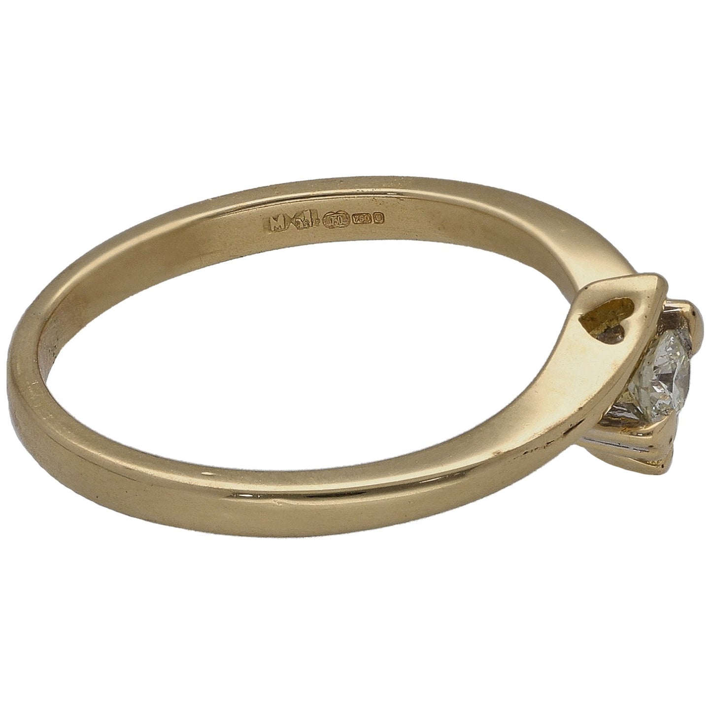 18ct gold solitaire ring with round diamond, four-prong setting, side angle