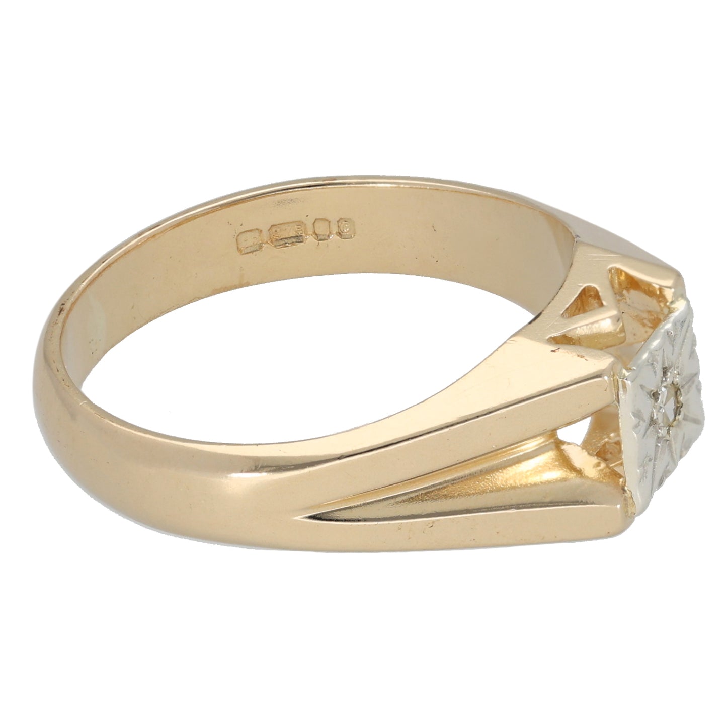 9ct Gold 0.03ct Round Cut Diamond Patterned Signet Ring Size U