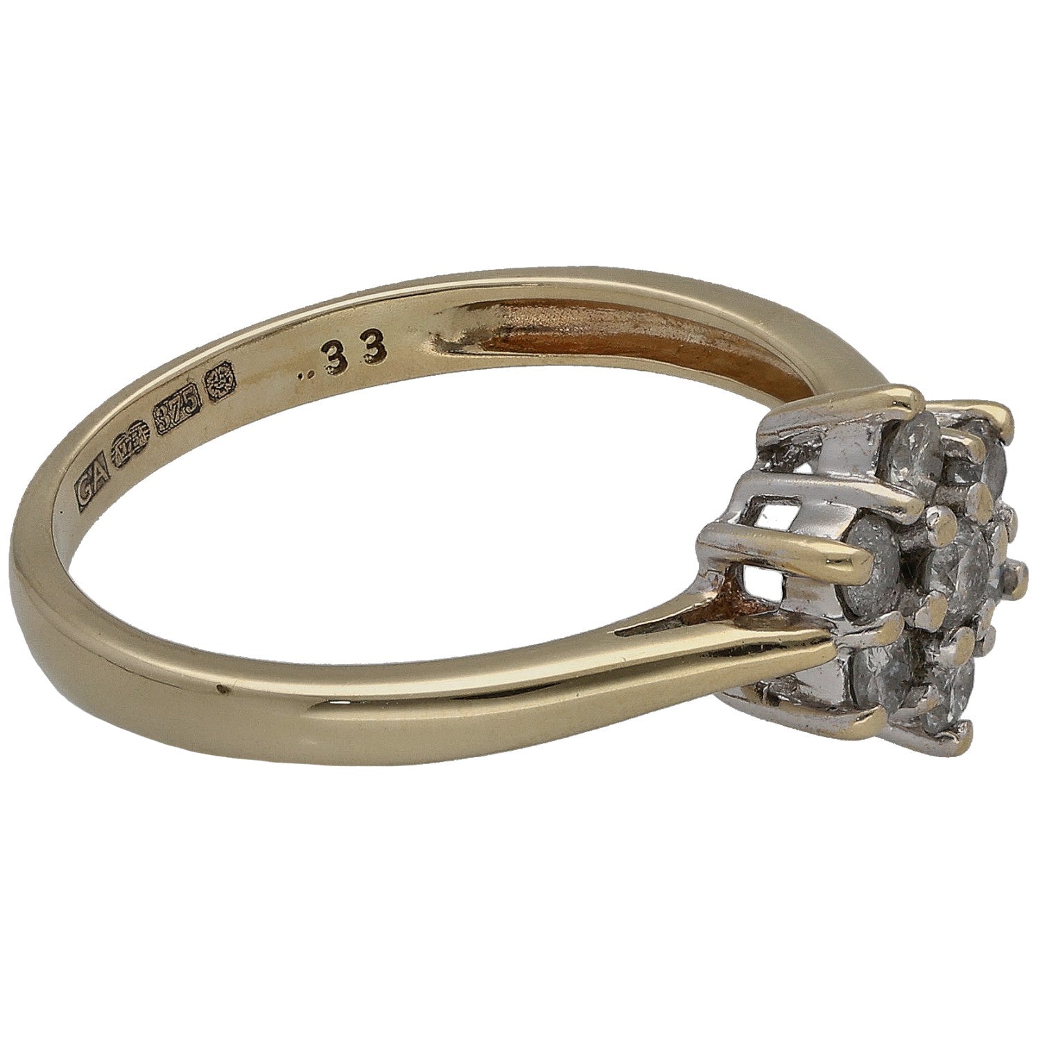 9ct gold diamond cluster ring side view with prong-set round stones and band hallmarks
