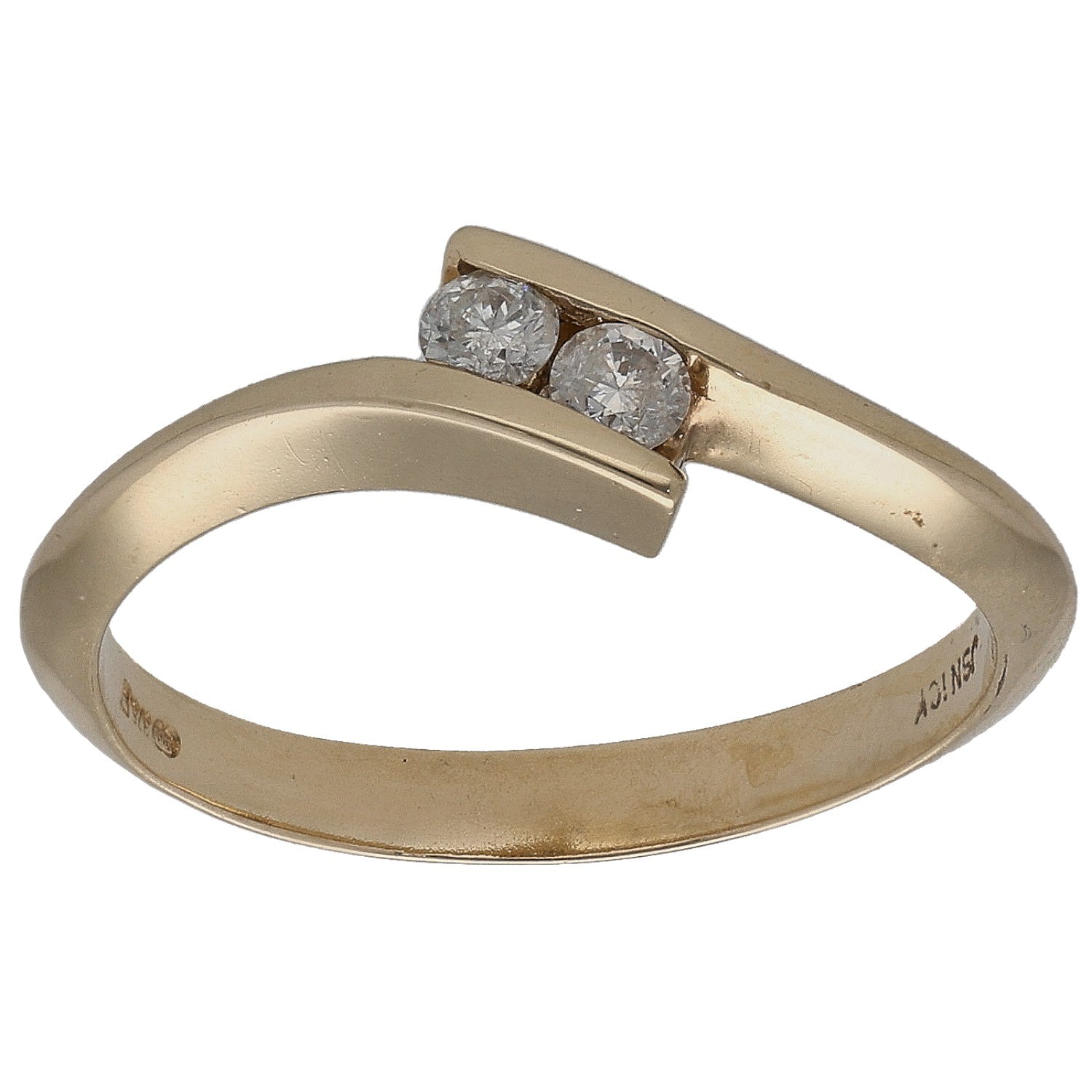 9ct yellow gold two-stone ring with two round diamonds, open shank, size L