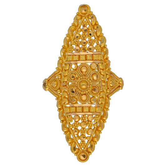 22ct Gold alternative filigree ring, teardrop openwork face with engraved bands, size M