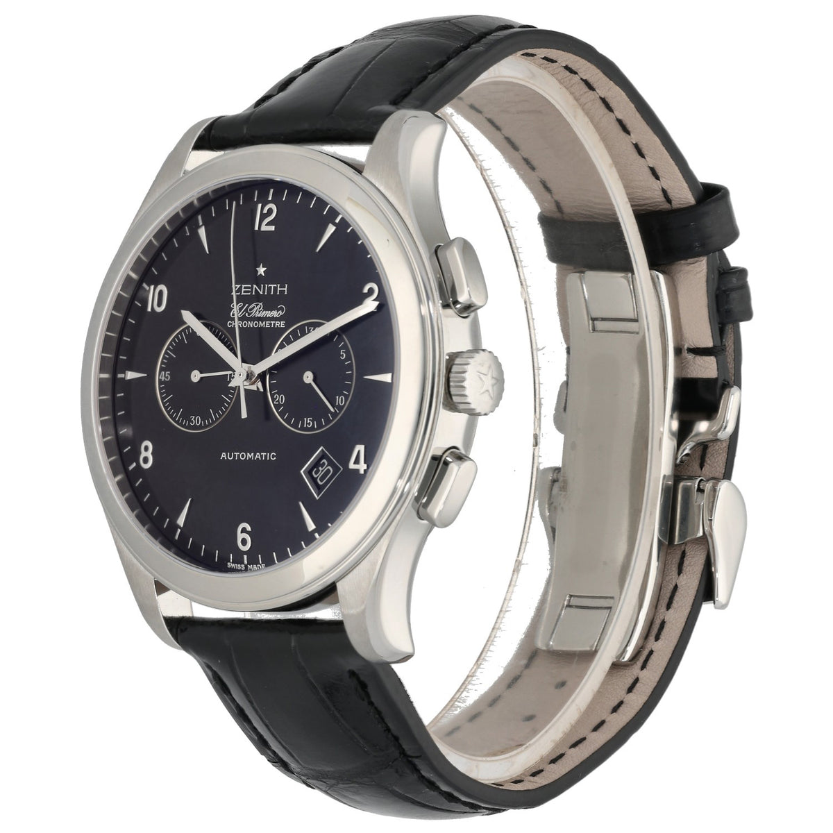 Zenith El Primero 03.0520.4002, black dial with additional sub dials, in stainless steel case, crown angle