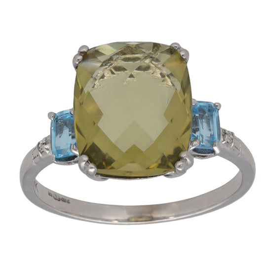 9ct Gold Green Quartz, Topaz & 0.01ct Diamond Dress/Cocktail Ring Size P