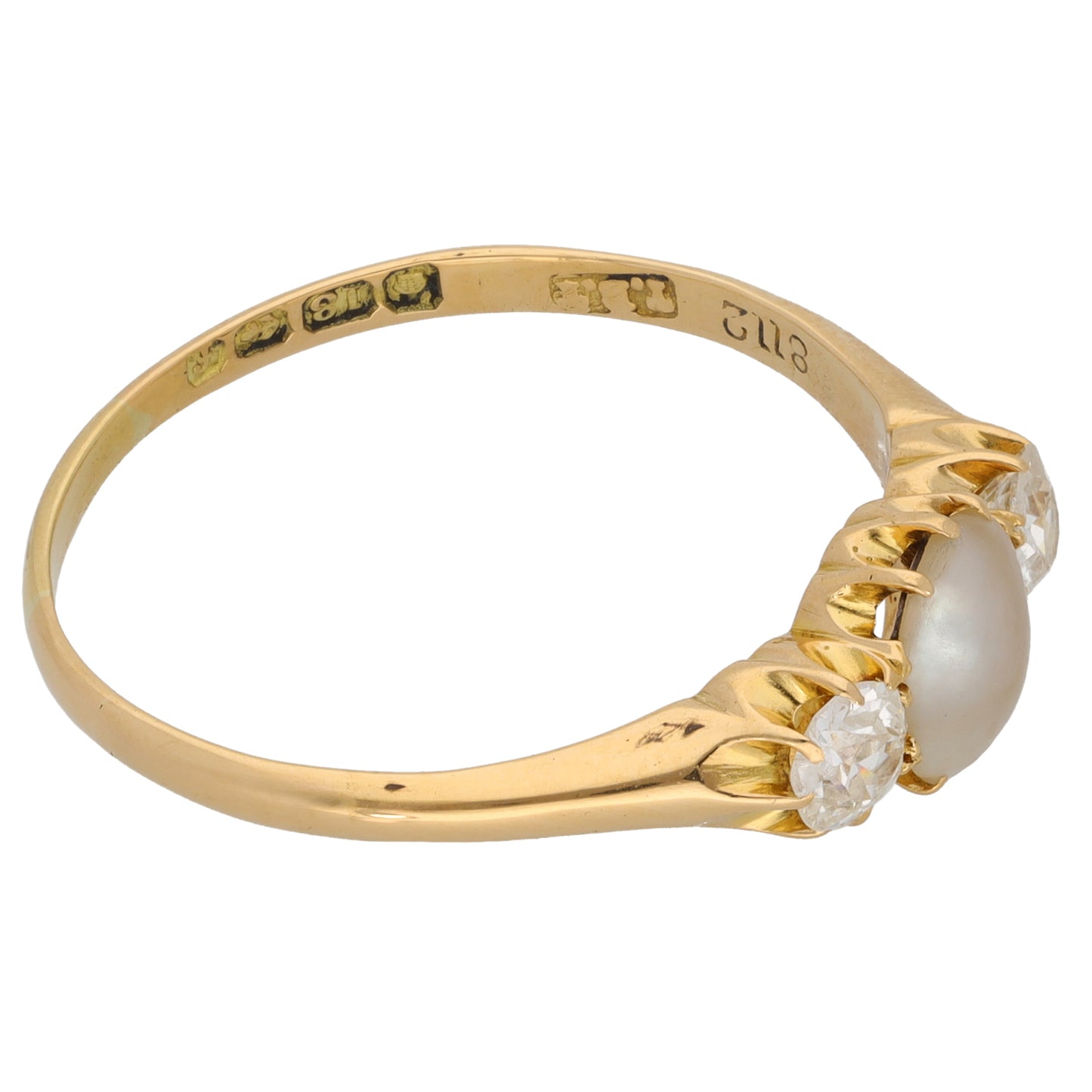 18ct Gold Cultured Pearl & 0.50ct Diamond Trilogy Ring Antique & Vintage Size W