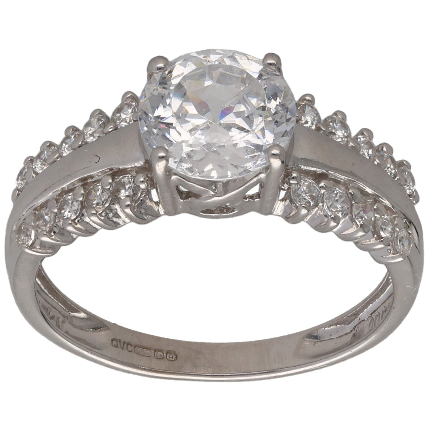 14ct White Gold Cubic Zirconia Single Stone Ring With Accents Size K