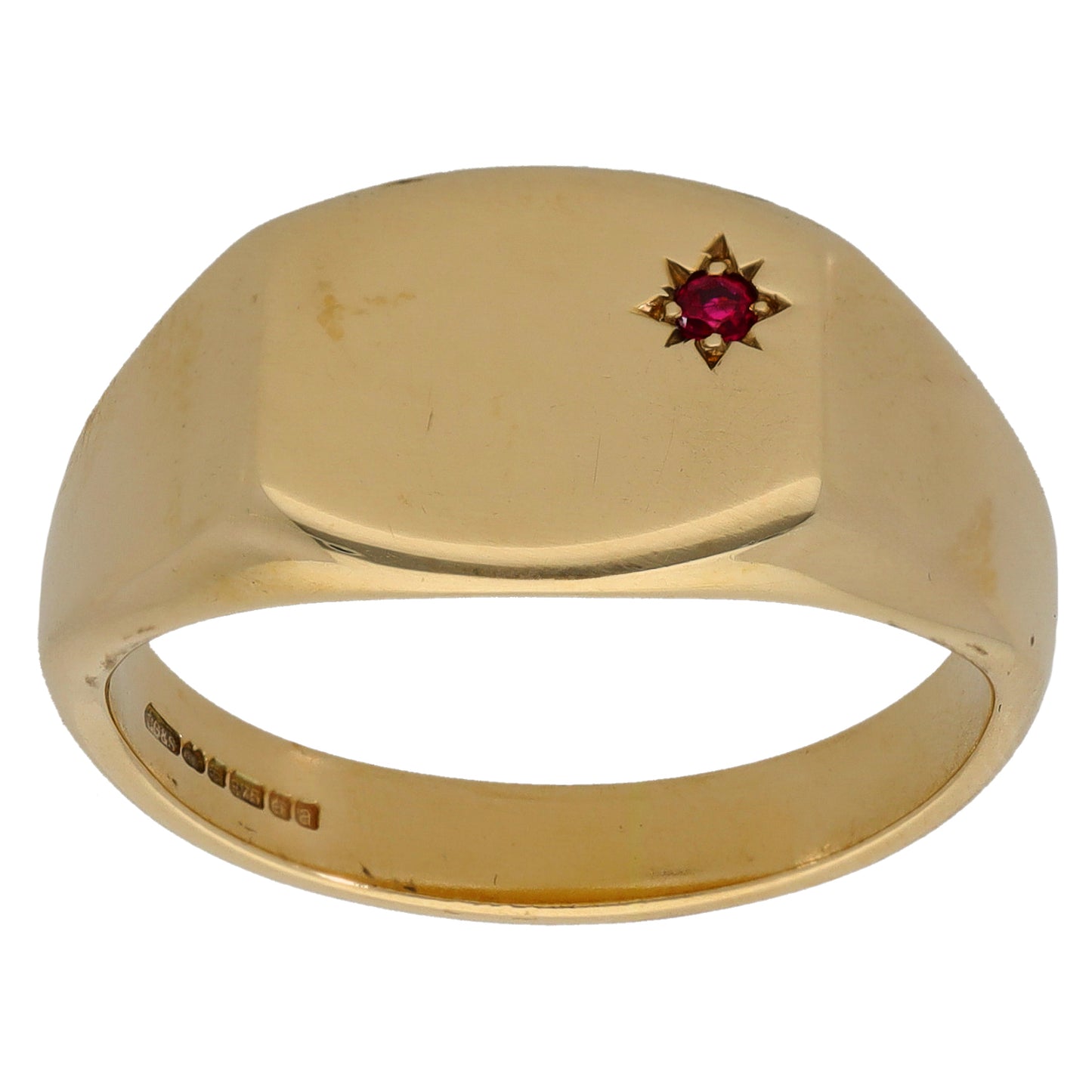9ct gold signet ring face with red ruby star-shaped cluster, smooth polished