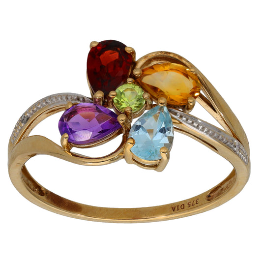 9ct Gold Garnet, Citrine, Amethyst, Topaz, Peridot & 0.01ct Diamond Dress/Cocktail Ring Size T