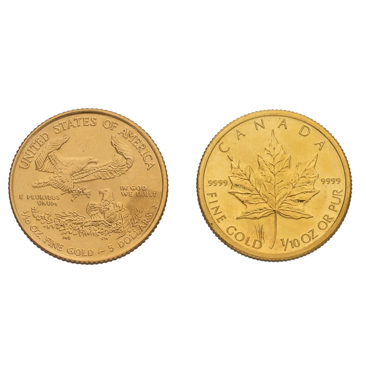 22ct Gold 1/10 OZ American Eagle & 1/10 OZ Canada Maple Coin Set 2013