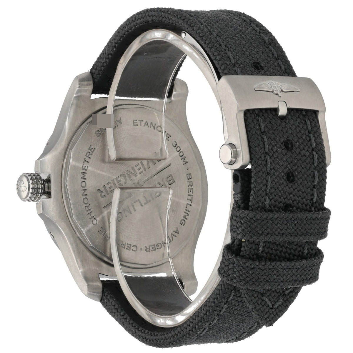 Breitling Avenger A17318 stainless watch caseback, black fabric strap, crown and screw details