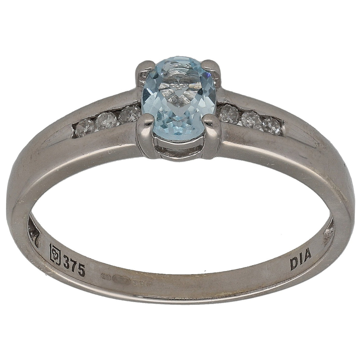 Gold-toned ring with blue gemstone center and small diamond accents around