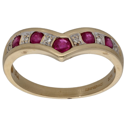 9ct Gold Ruby & 0.03ct Diamond Wishbone Ring Size O