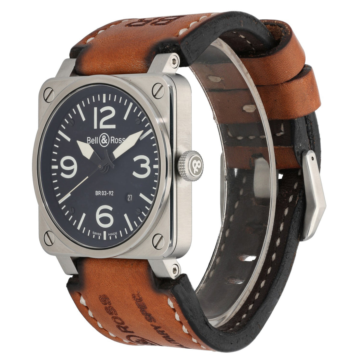 Bell & Ross BR03 BR03-92, black dial inside stainless steel case with adjustable brown leather strap, front angle