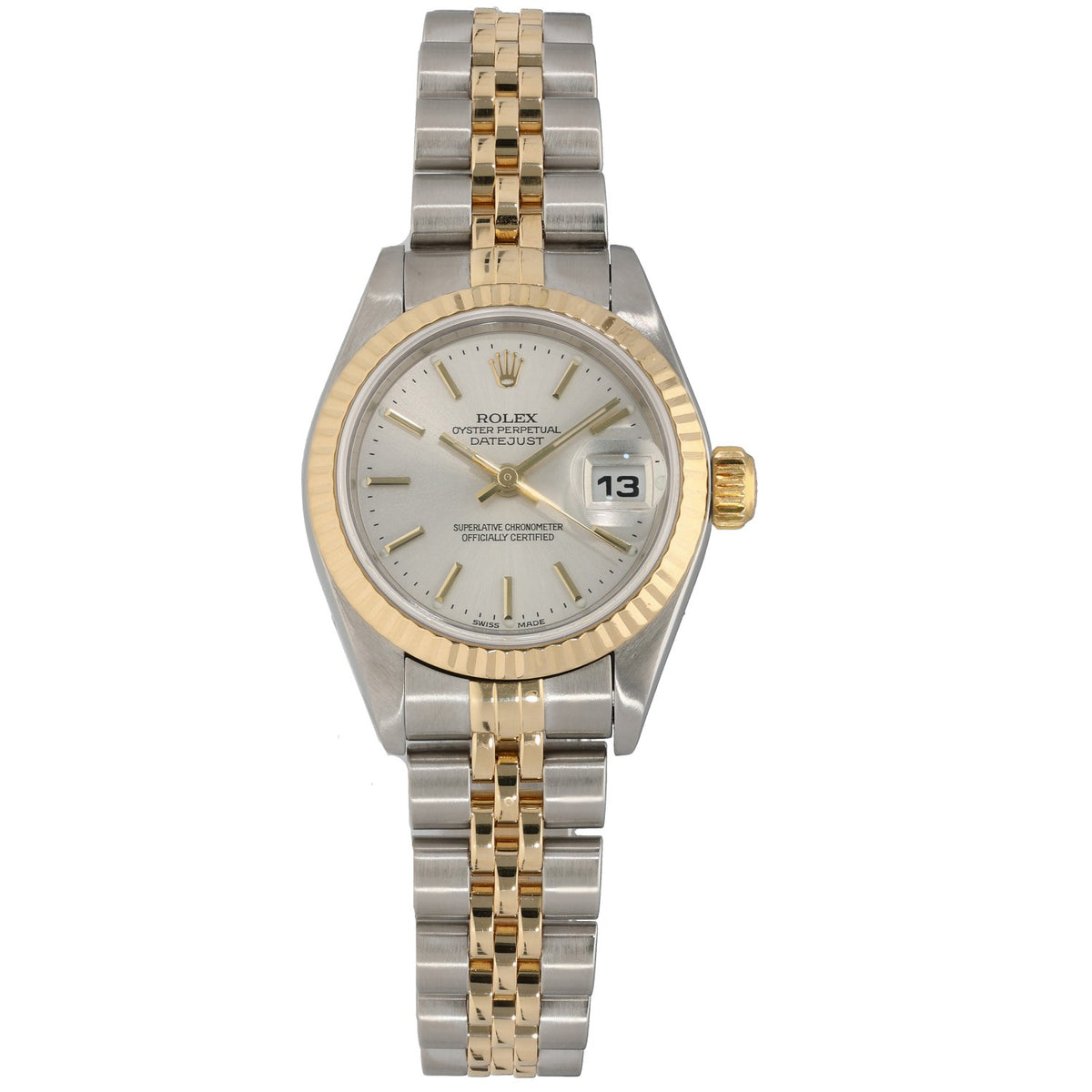 Rolex Datejust 79173 26mm two-tone bracelet watch, champagne dial with date window.