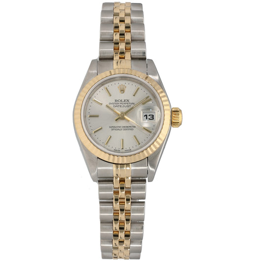 Rolex Datejust 79173 26mm two-tone bracelet watch, champagne dial with date window.