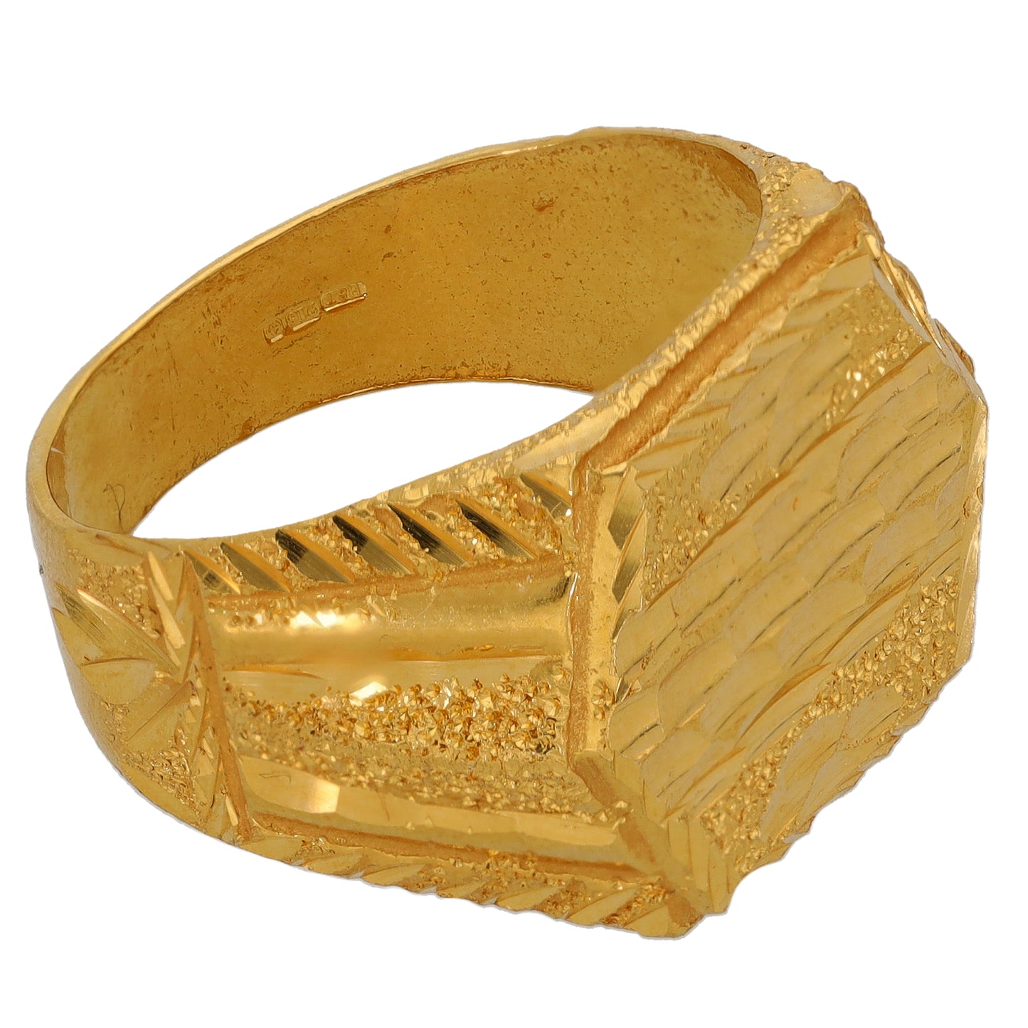 22ct gold patterned signet ring with faceted geometric top and ridged band