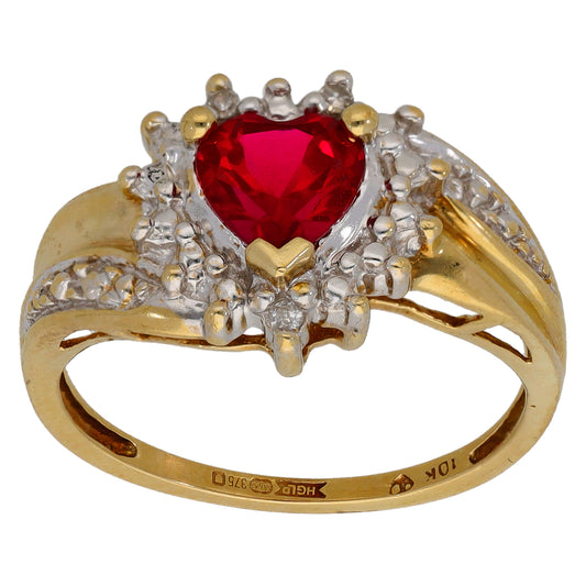 9ct Gold Man Made Ruby & 0.015ct Diamond Dress/Cocktail Ring Size L