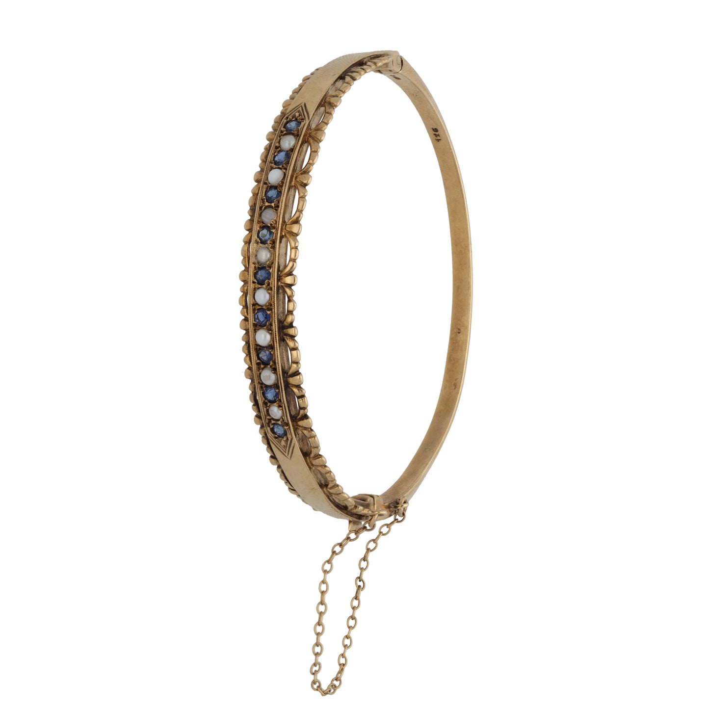 9ct Gold Sapphire & Cultured Pearl Bangle Antique & Vintage