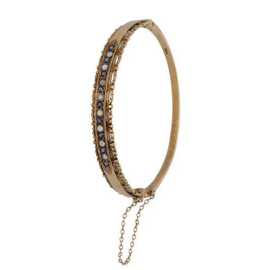 9ct Gold Sapphire & Cultured Pearl Bangle Antique & Vintage