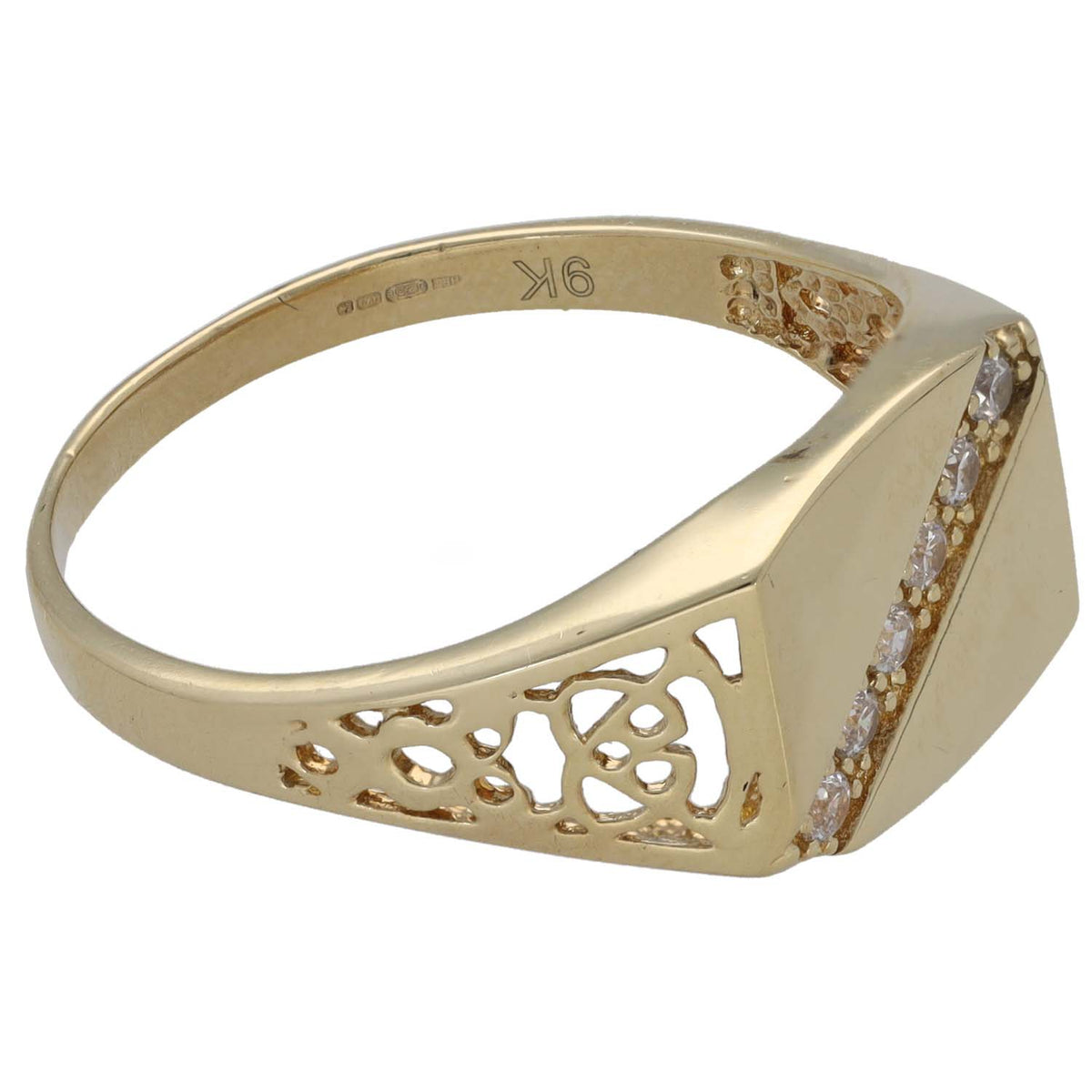 Gold signet ring side profile with CZ row on beveled edge and lattice cutouts