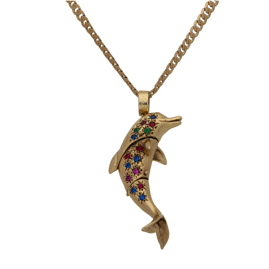 9ct Gold Imitation Gems Dolphin Pendant With Chain