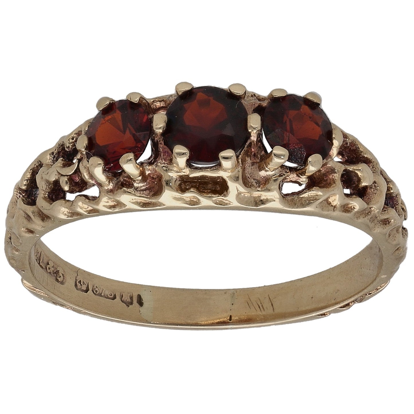 9ct gold three-stone ring with three dark red garnet gems in claw settings