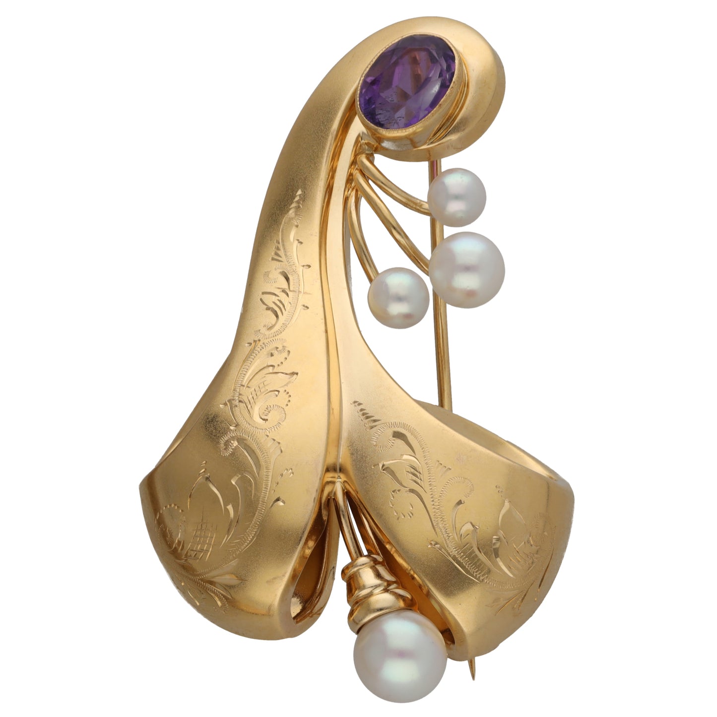 18ct Gold Amethyst & Cultured Pearl Dress Brooch