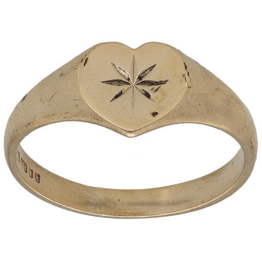 9ct Gold Patterned Heart Signet Ring Size Q