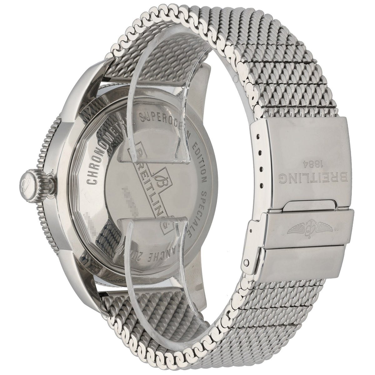 Breitling Superocean AB2020 Stainless steel diver watch caseback and metal mesh bracelet, showing engraved back cover