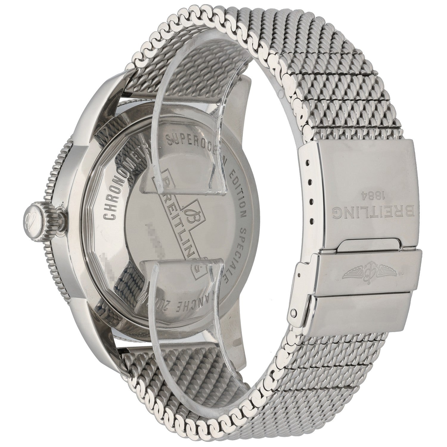 Breitling Superocean AB2020 Stainless steel diver watch caseback and metal mesh bracelet, showing engraved back cover