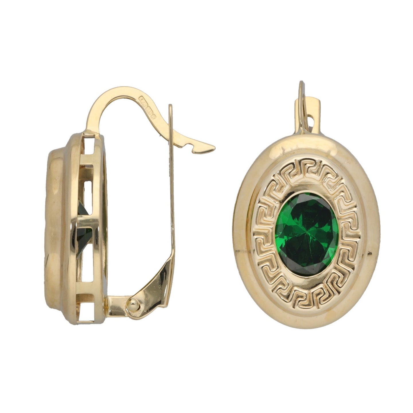 14ct Gold Green Cubic Zirconia Greek Key Earrings