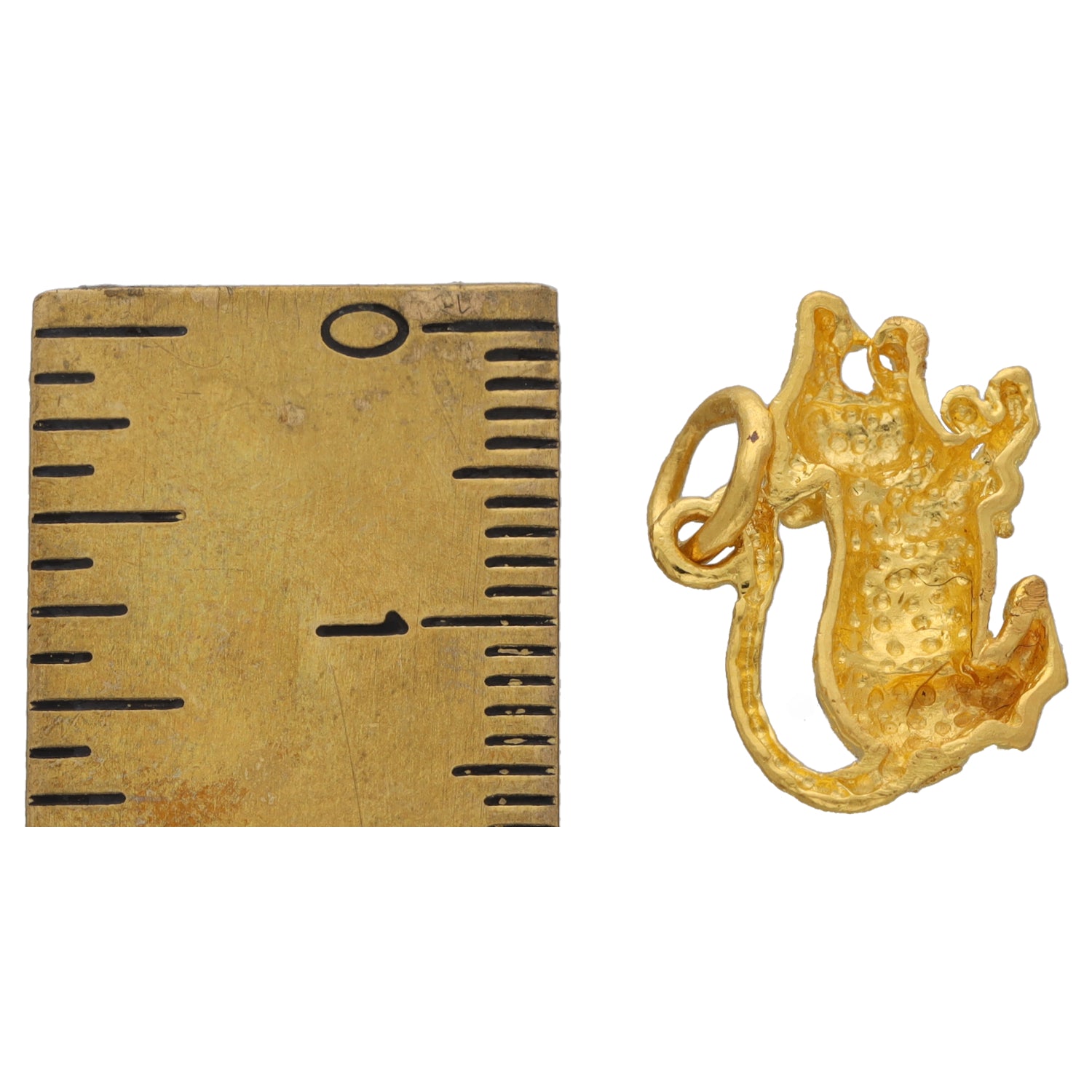 Gold animal pendant, side view with size reference and loop bail