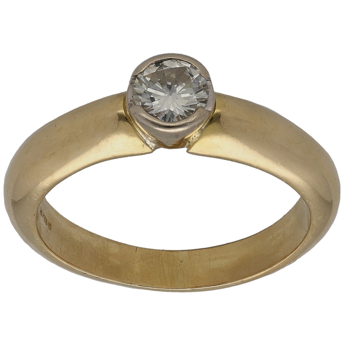 Gold solitaire ring with round diamond set in prongs, polished band