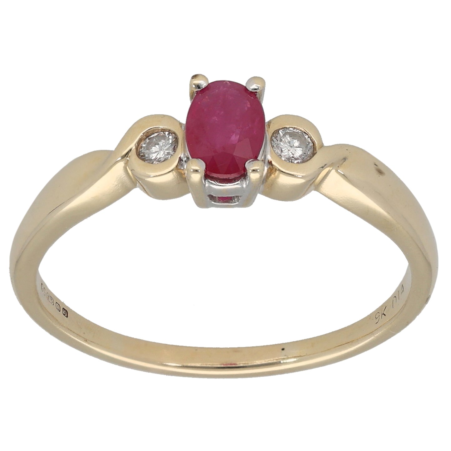 9ct Gold Diamond & Ruby Three Stone Ring Size U