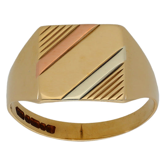 9ct Tri-Colour Gold Patterned Signet Ring Size P