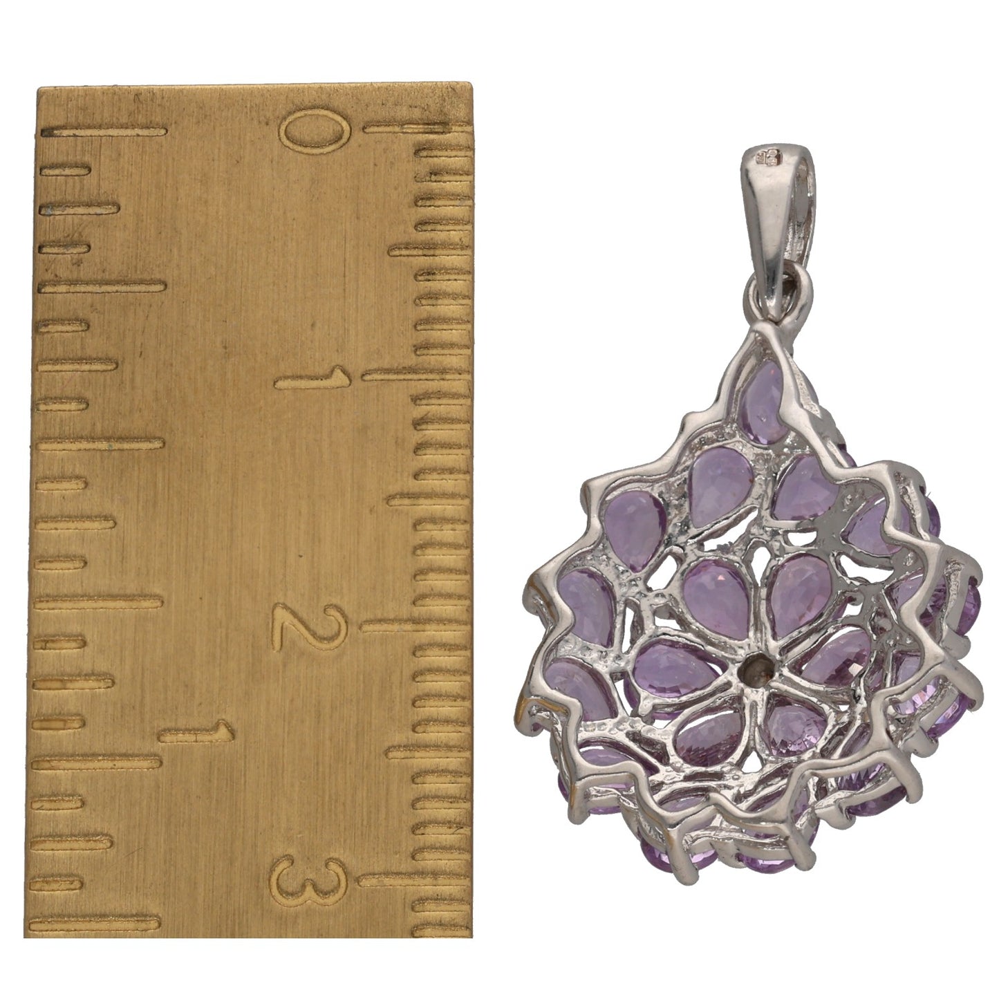 Oval lavender sapphire cluster pendant in white gold frame with loop bail