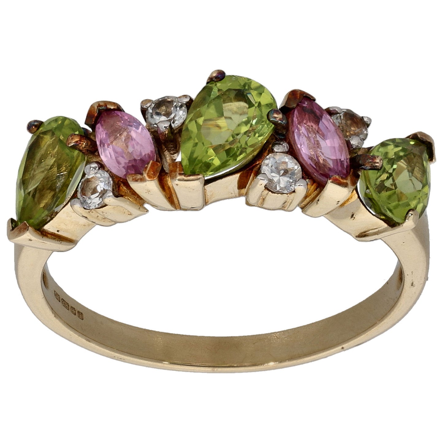 9ct Gold Peridot, Sapphire & Imitation Gems Dress/Cocktail Ring Size N