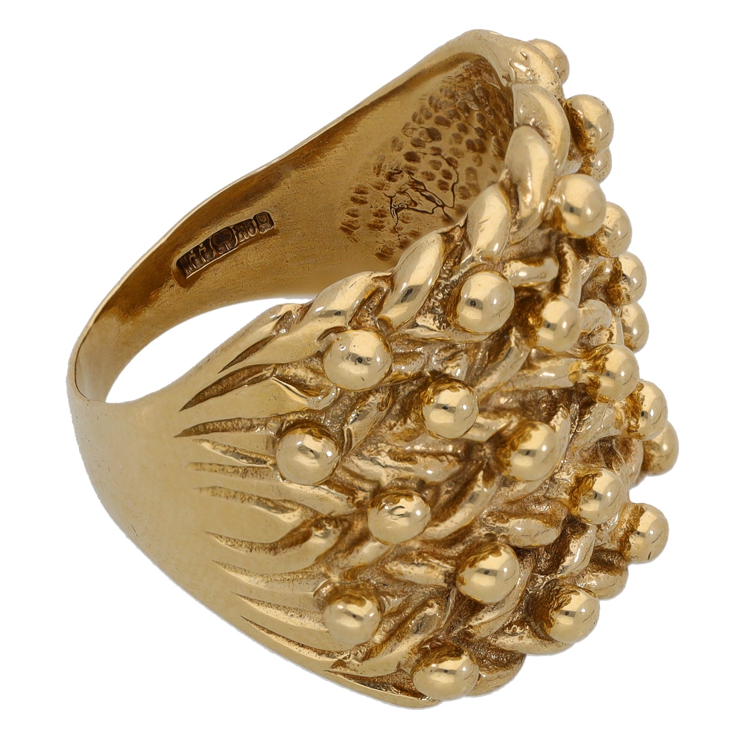 9ct gold keeper ring with raised bead and floral leaf motif, open top band