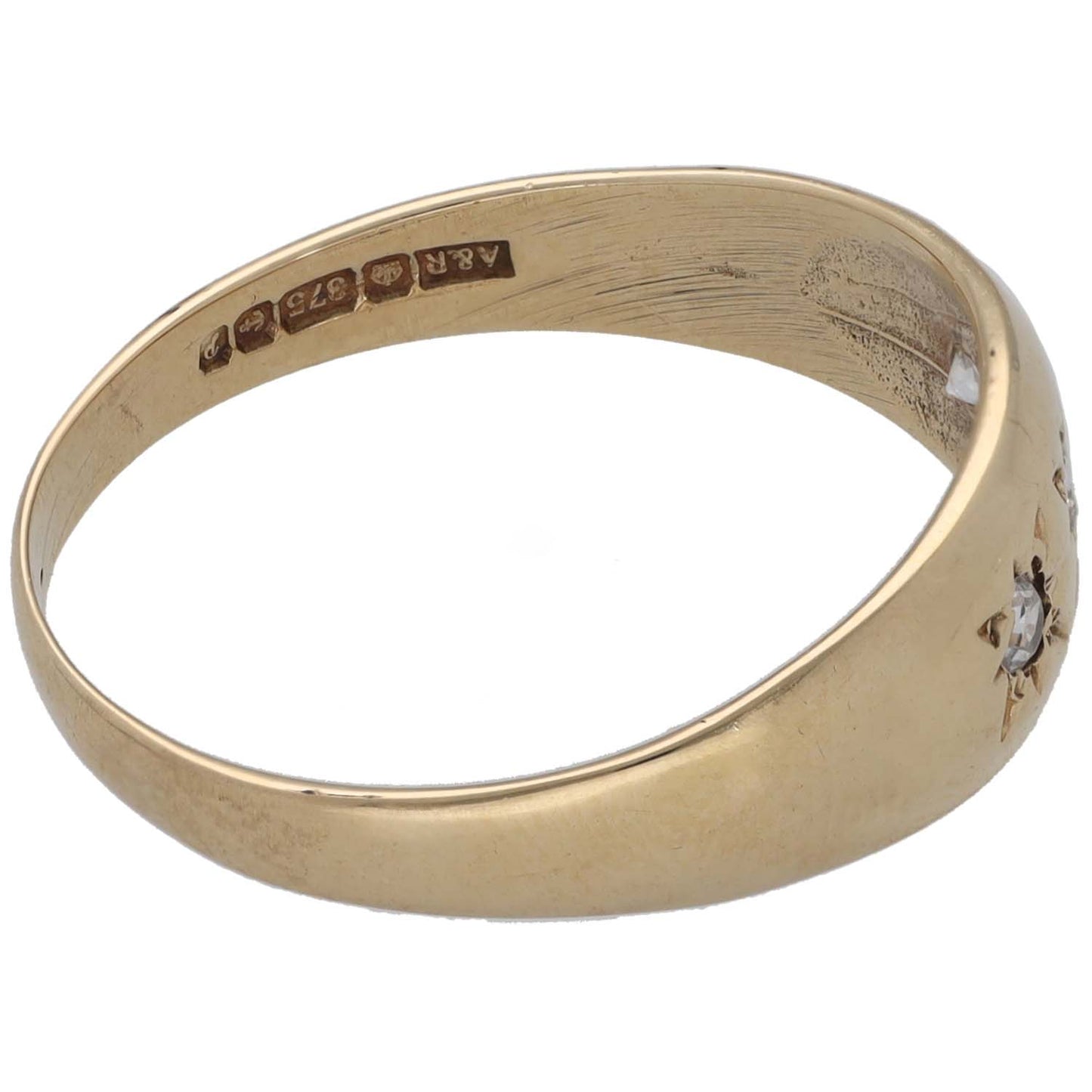 9ct gold three-stone CZ ring band, engraved inside and side star-set stones