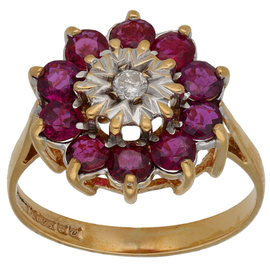 9ct Gold Ruby & 0.10ct Round Diamond Cluster Ring Size O