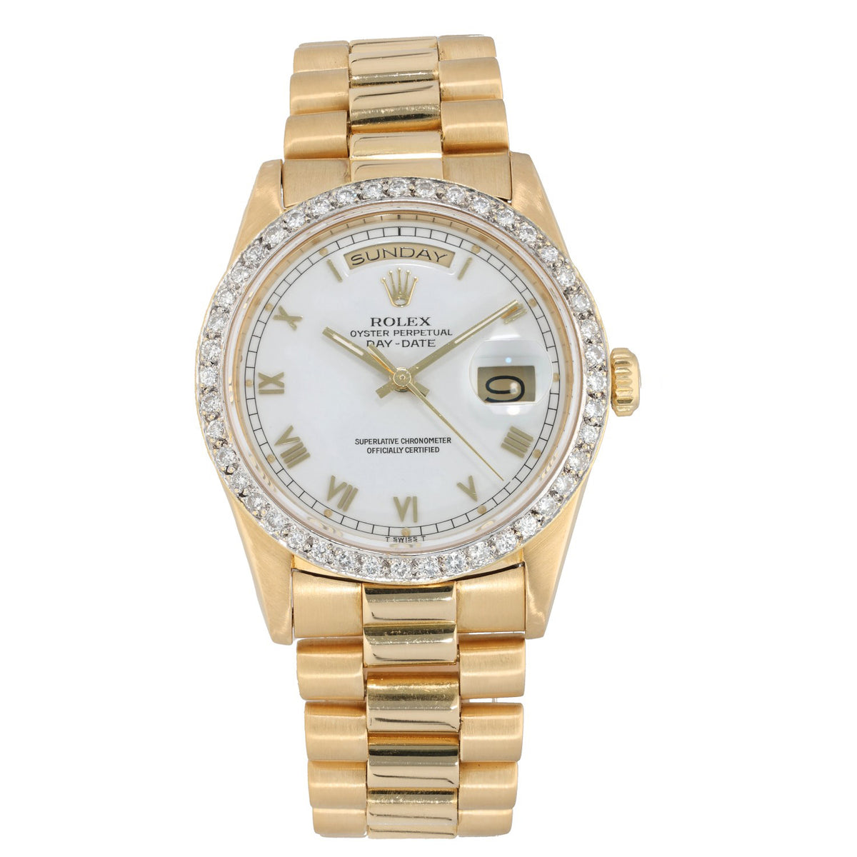 Custom Rolex Day-Date 18238, white dial and gold case and bracelet, face image