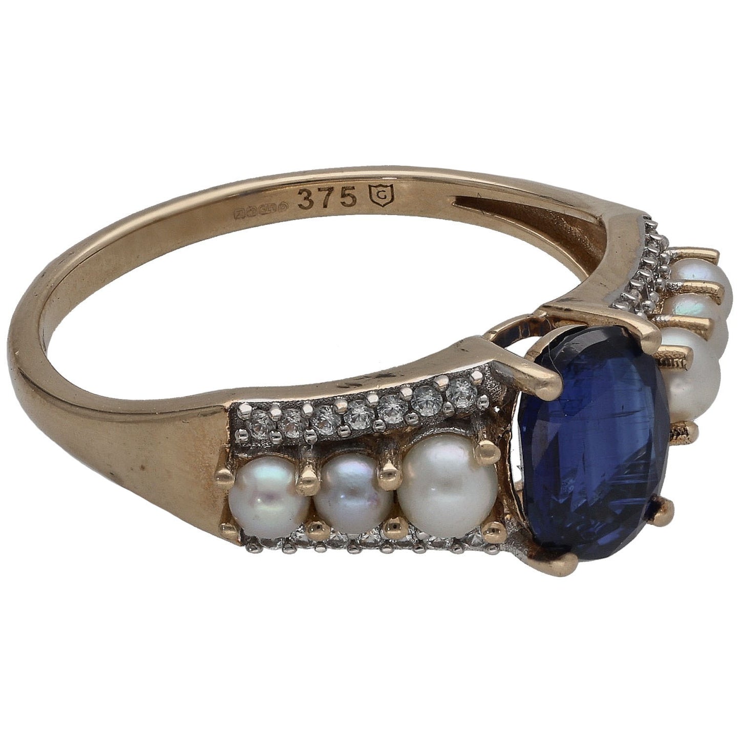 9ct Gold Kyanite, Cultured Pearl & Imitation Dress/Cocktail Ring Size S