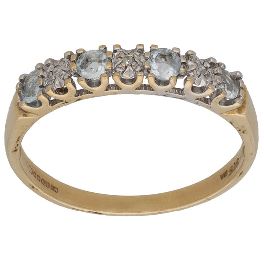 9ct Gold Aquamarine & 0.015ct Diamond Half Eternity Ring Size R