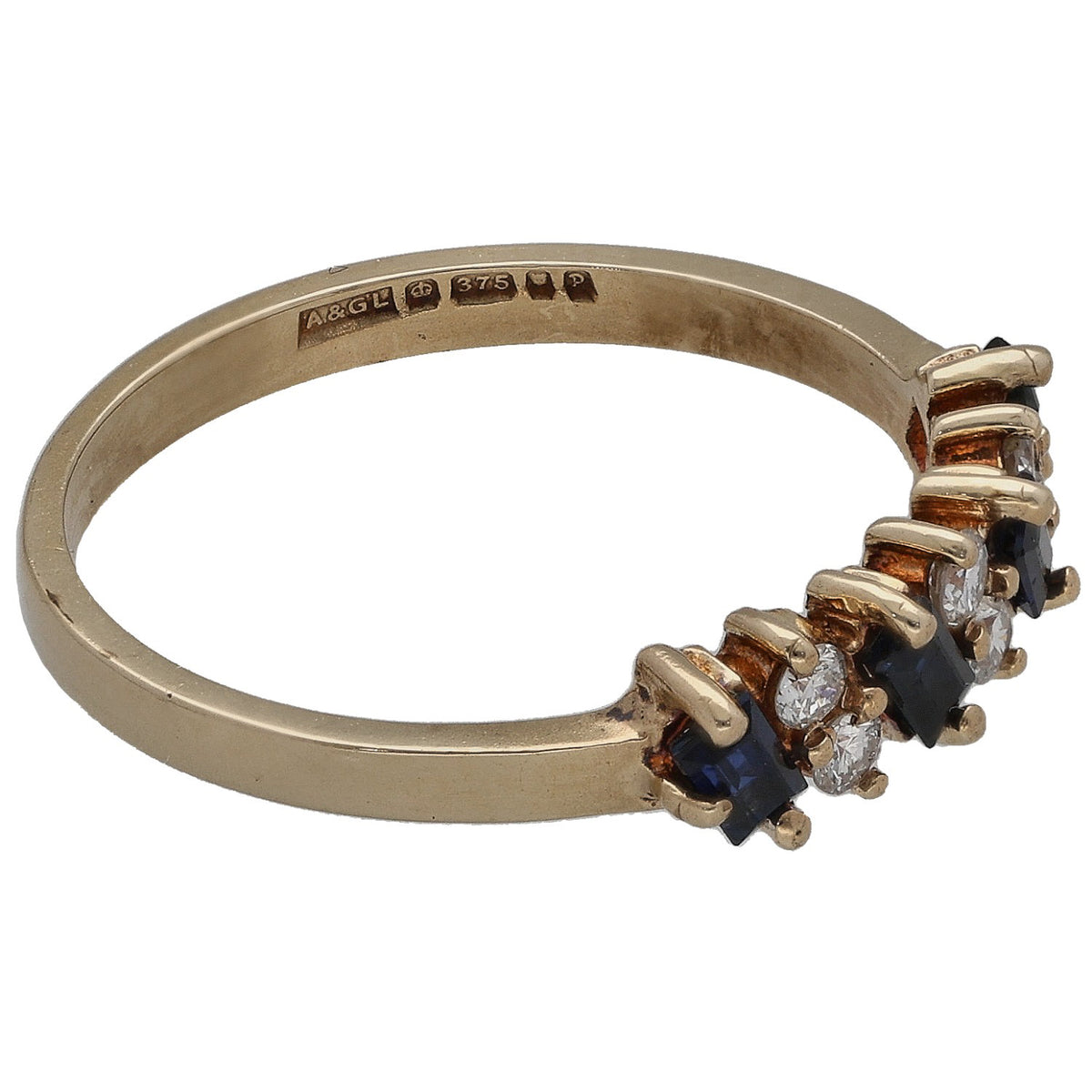 Gold half eternity ring side view, blue sapphire prongs with round diamond accents