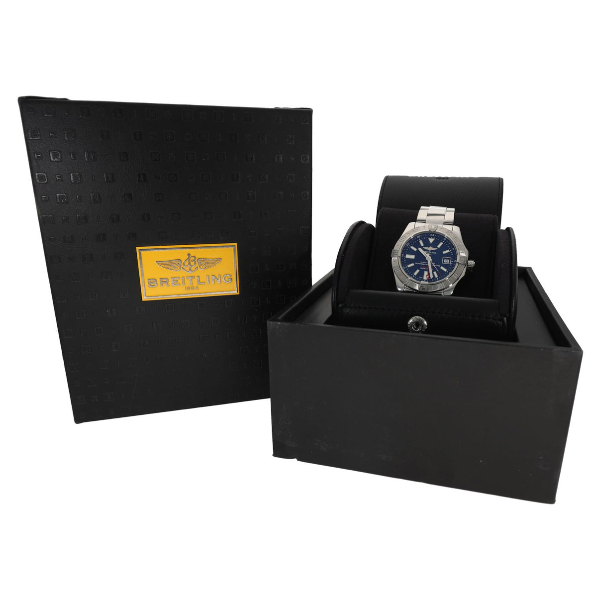 Breitling Avenger II A32390 stainless steel watch in black presentation box with pillow