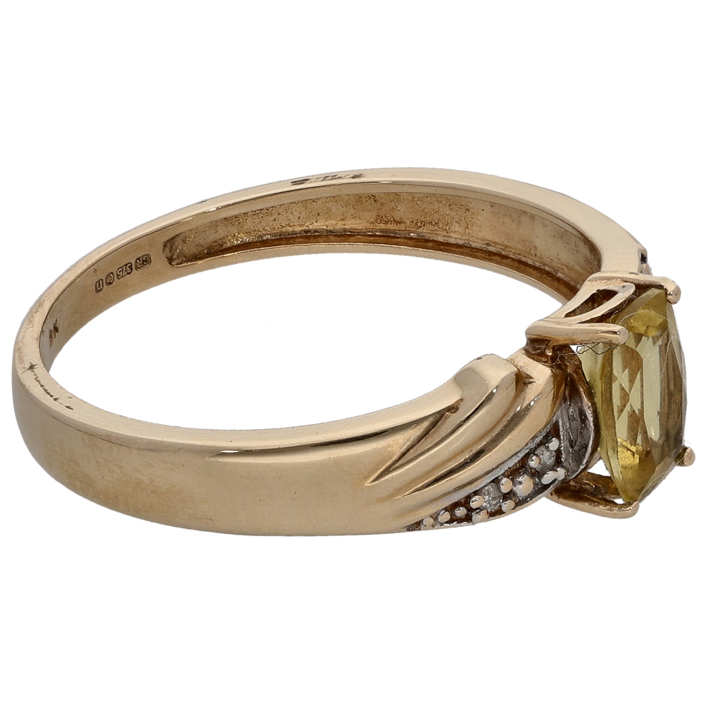 9ct Gold Citrine & 0.01ct Diamond Single Stone Ring with Accent Stones Size S