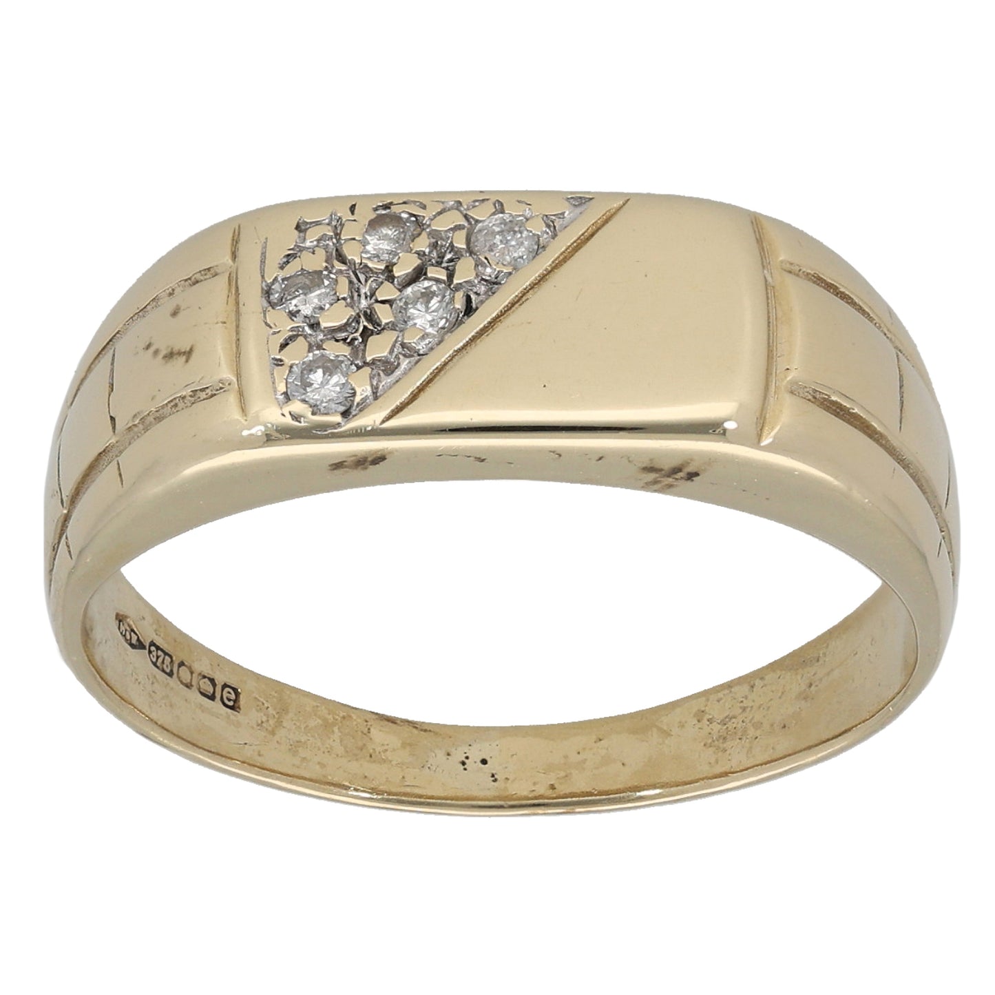 9ct Gold 0.05ct Diamond Patterned Signet Ring Size R